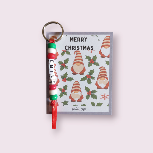 Personalised beaded Christmas keyring with a Gnome backing card.