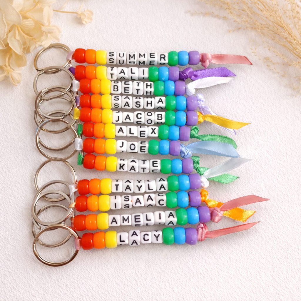 Rainbow name beaded keyring