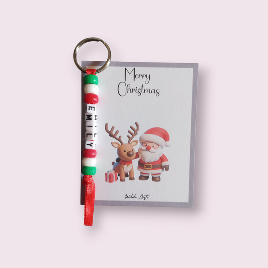 Personalised beaded Christmas keyring with a santa backing card.