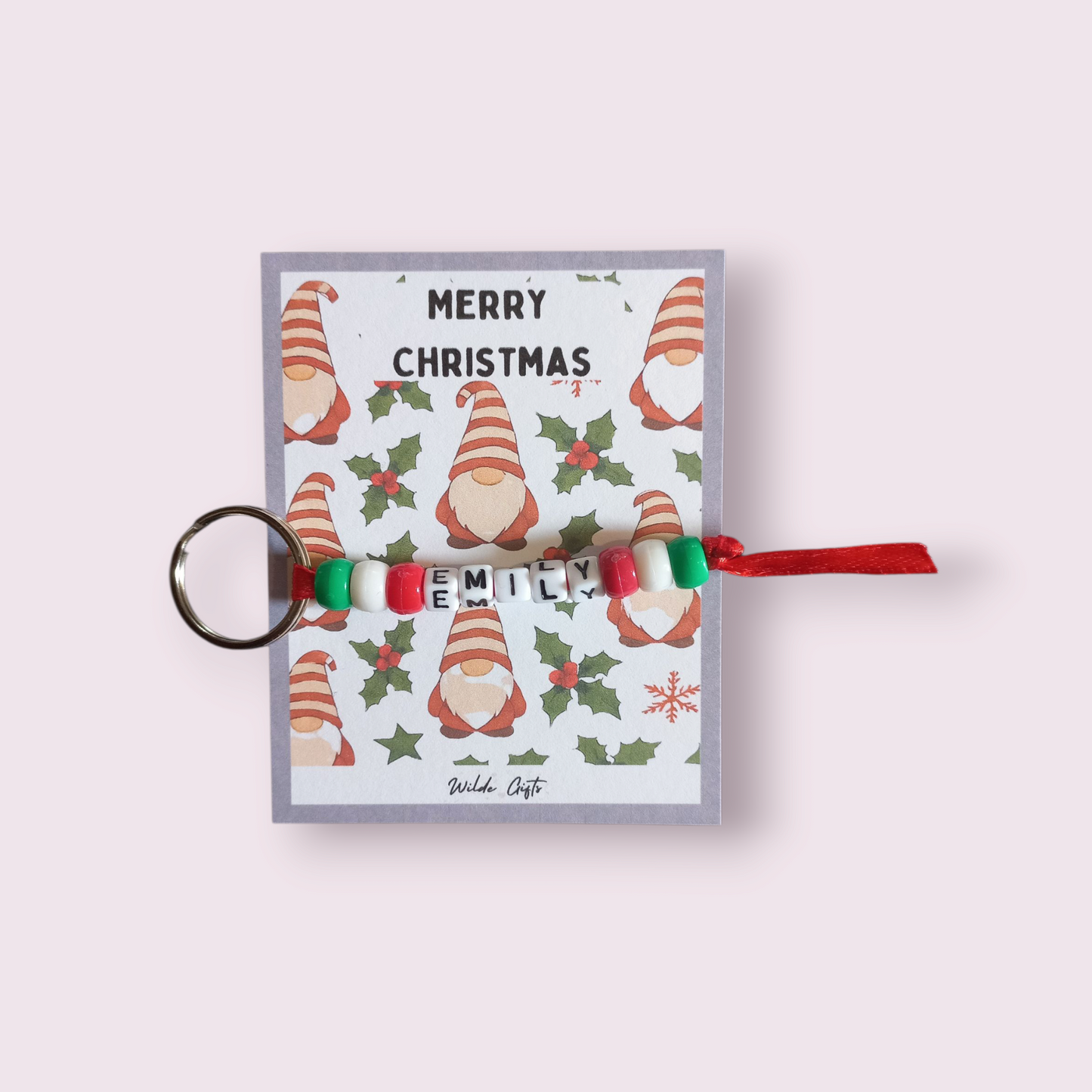Personalised beaded Christmas keyring with a Gnome backing card.